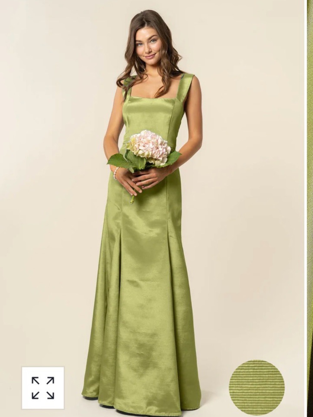 Olive Green Satin Square-Neck Evening Gown